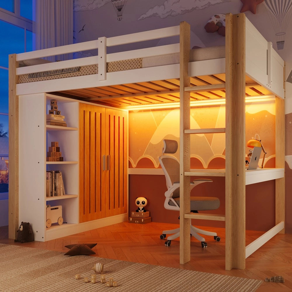 Letto a Soppalco con LED, Armadio e Scrivania ¨C MINIMAL ¨C 140x200 cm, Bianco e Naturale