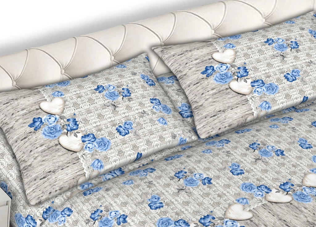 Completo Lenzuola Letto Matrimoniale 100% Cotone Made Italy Dis. Lara CN - 2 Piazze - Azzurro