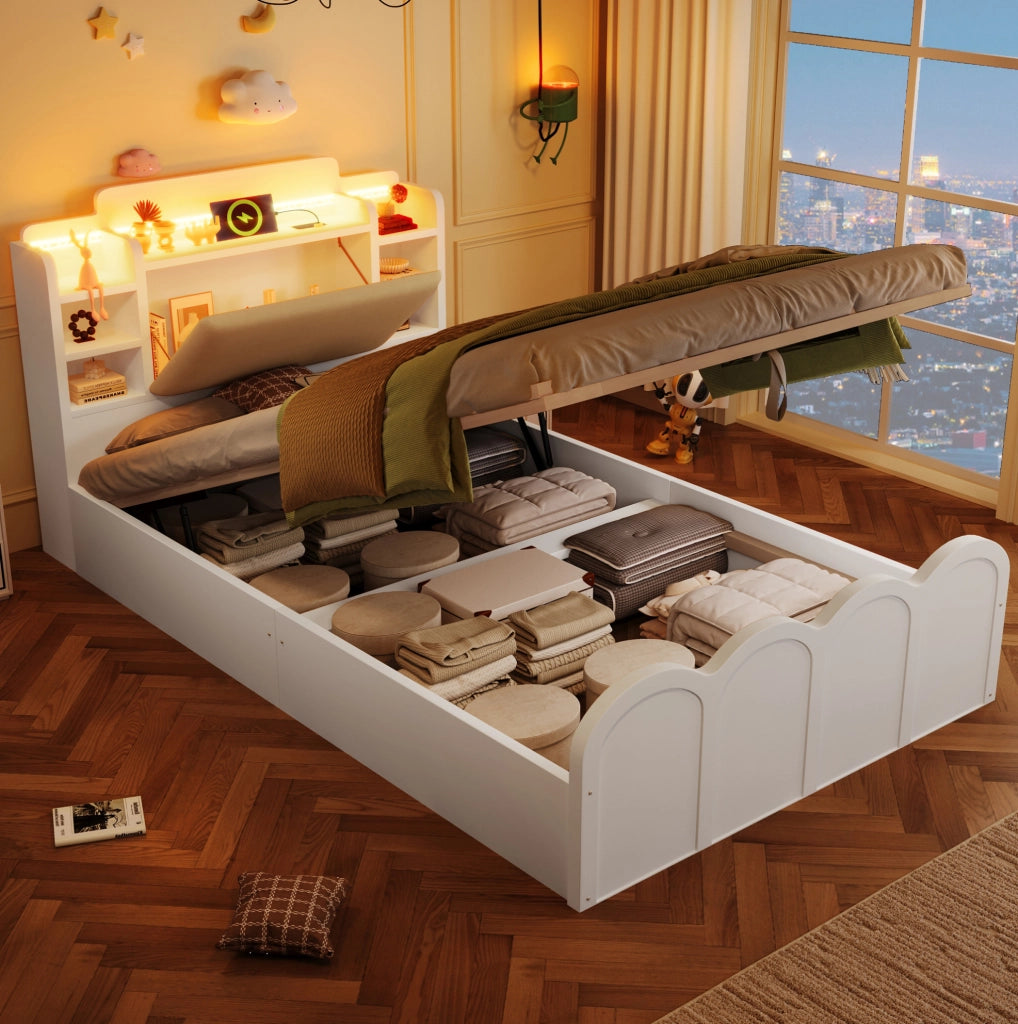 Letto singolo 90x200 cm con contenitore idraulico, LED e USB-C