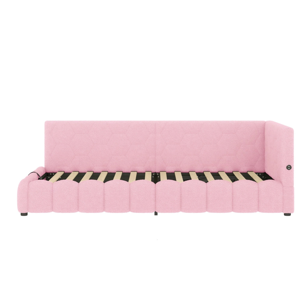 Letto da giorno 90 x 200 cm con vano idraulico; LED; USB e Type-C; velluto rosa