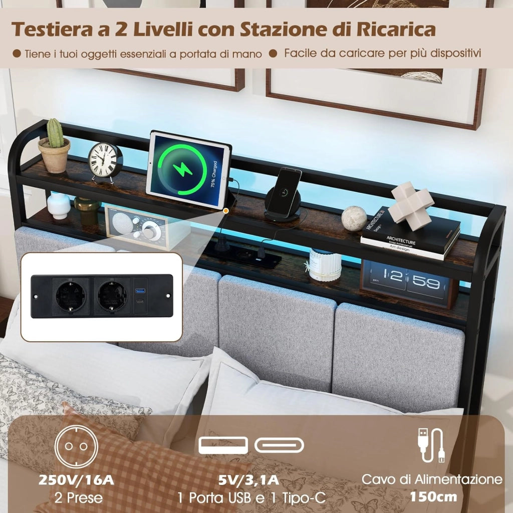COSTWAt Letto Matrimoniale 220 x 140 cm con Luci LED a Telecomando, Struttura Letto con Stazione d Ricarica, Telaio Letto con Testiera Rivestita in Lino, Capacità di 500 kg, Marrone Rustico