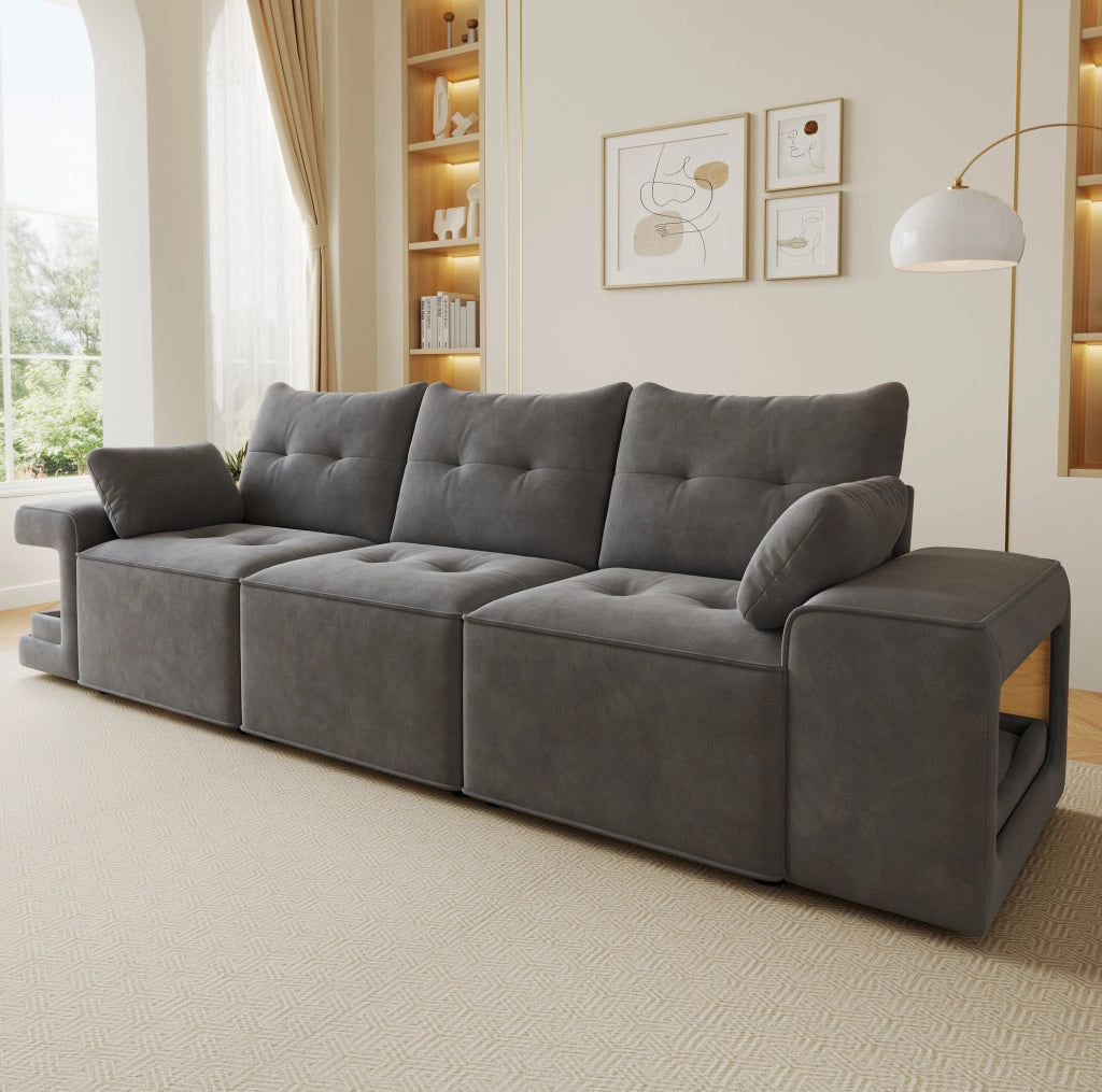 Divano modulare 3 posti con vani contenitore e nicchie per animali; 229;5 cm; velluto grigio