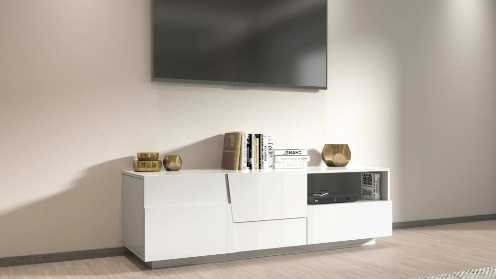 Mobile porta TV Cecia, Credenza bassa da soggiorno con 2 ante e 1 cassetto, Base porta TV, 150x44h46 cm, Bianco lucido