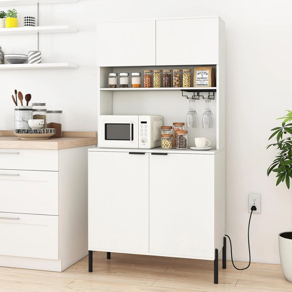 Mobile Buffet con Stazione di Ricarica, Portabicchieri, Vetrina, Credenza Cucina con Ripiani Regolabili, Mobiletto Multiuso per Sala da Pranzo, Soggiorno, 80x40x164cm(In 2 Pacchi) (Bianco)