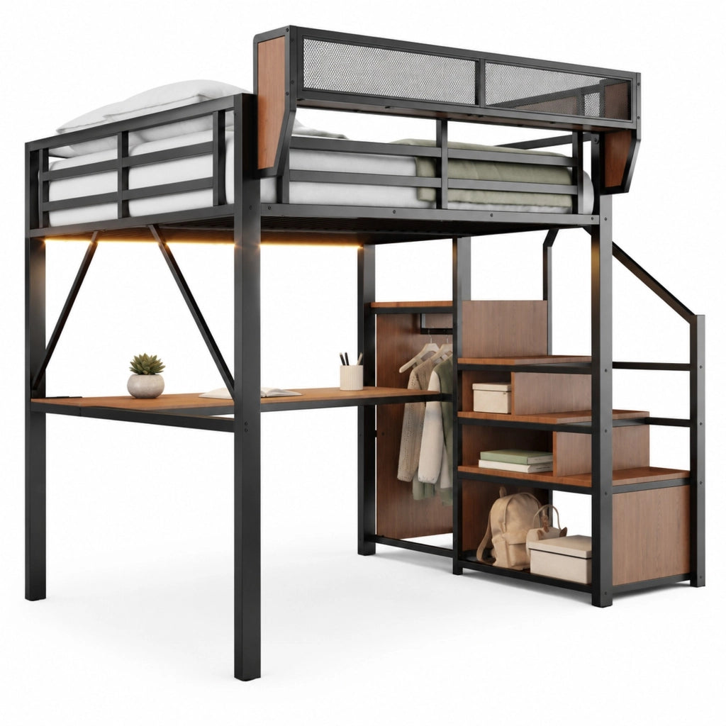 Letto a soppalco 140x200 cm in metallo e MDF nero con scrivania; LED; scala di sicurezza e ripiani
