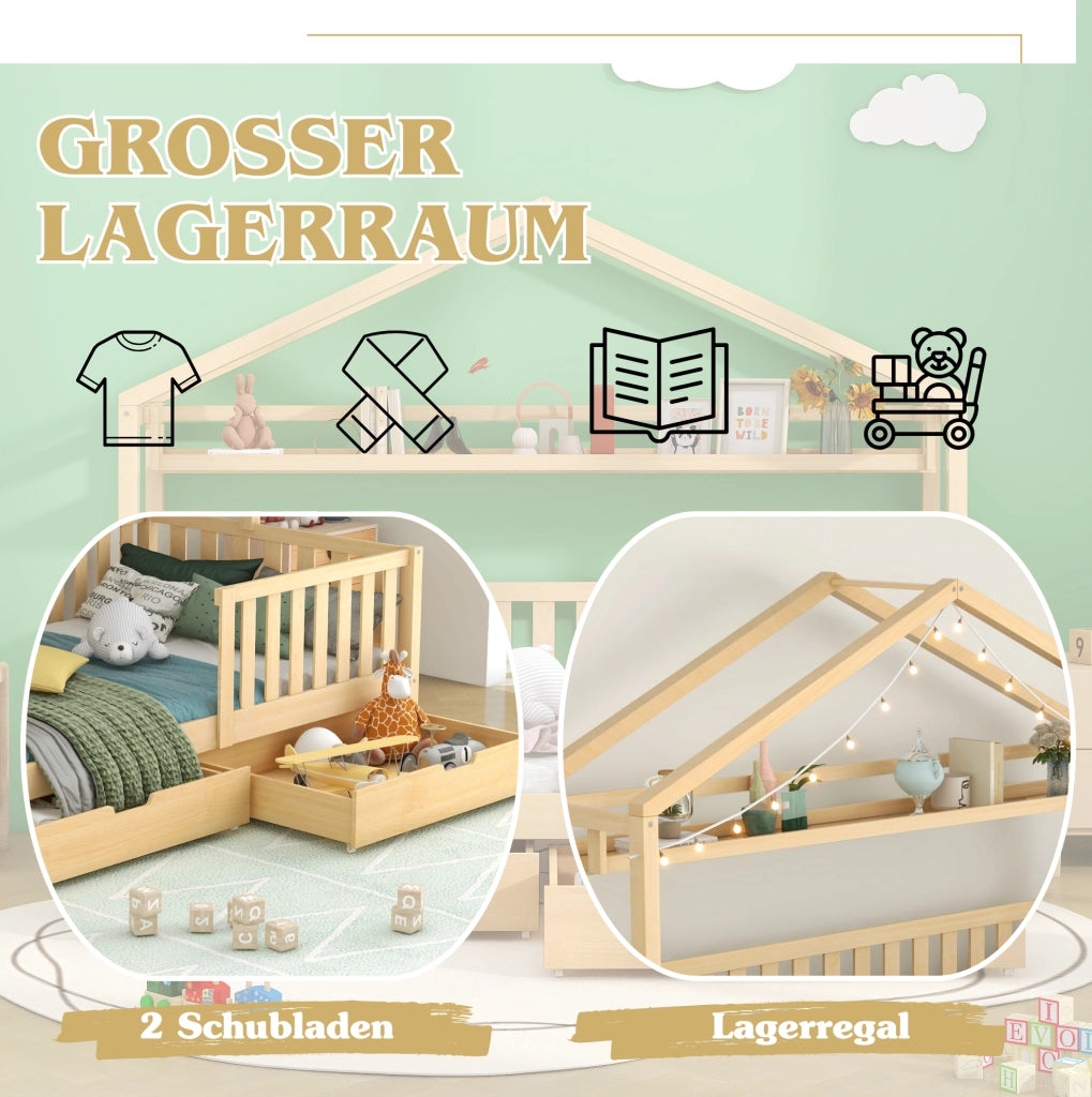 Letto casetta per bambini 90x200 cm con 2 cassetti; naturale