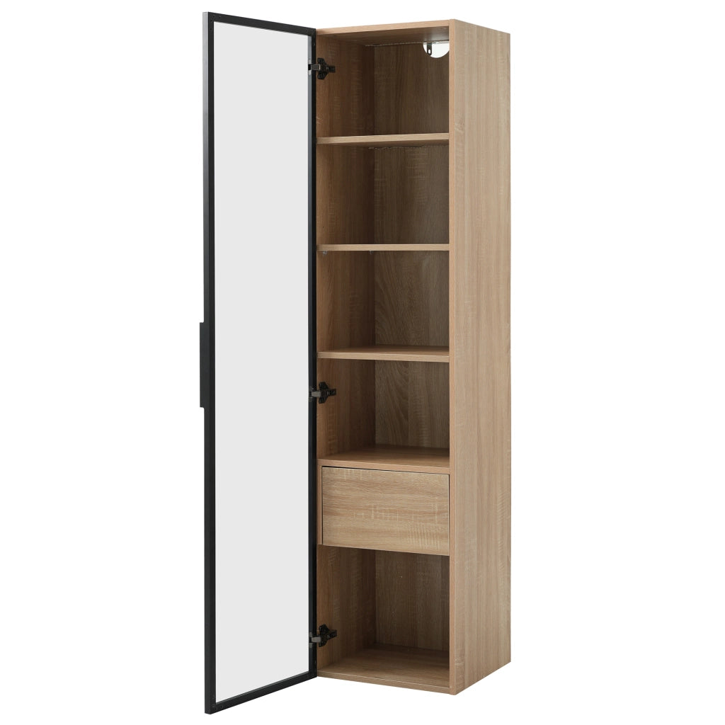 Armadietto da bagno compatto con vani aperti e anta in vetro temperato, per bagno e soggiorno, in MDF, naturale