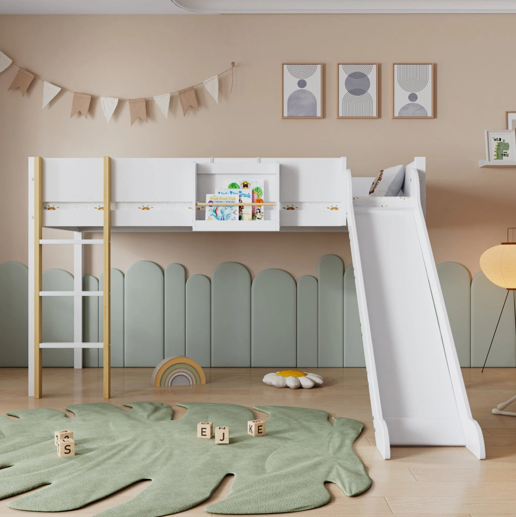 Letto a soppalco 90 x 200 cm con scivolo, scala e ripiano removibile