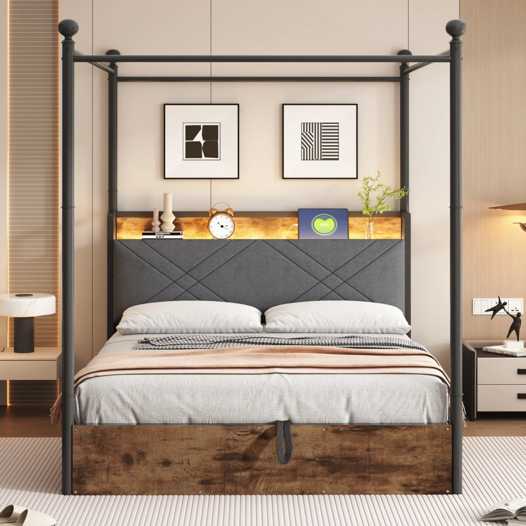 Letto 140x190 con LED, USB-C e vano contenitore idraulico