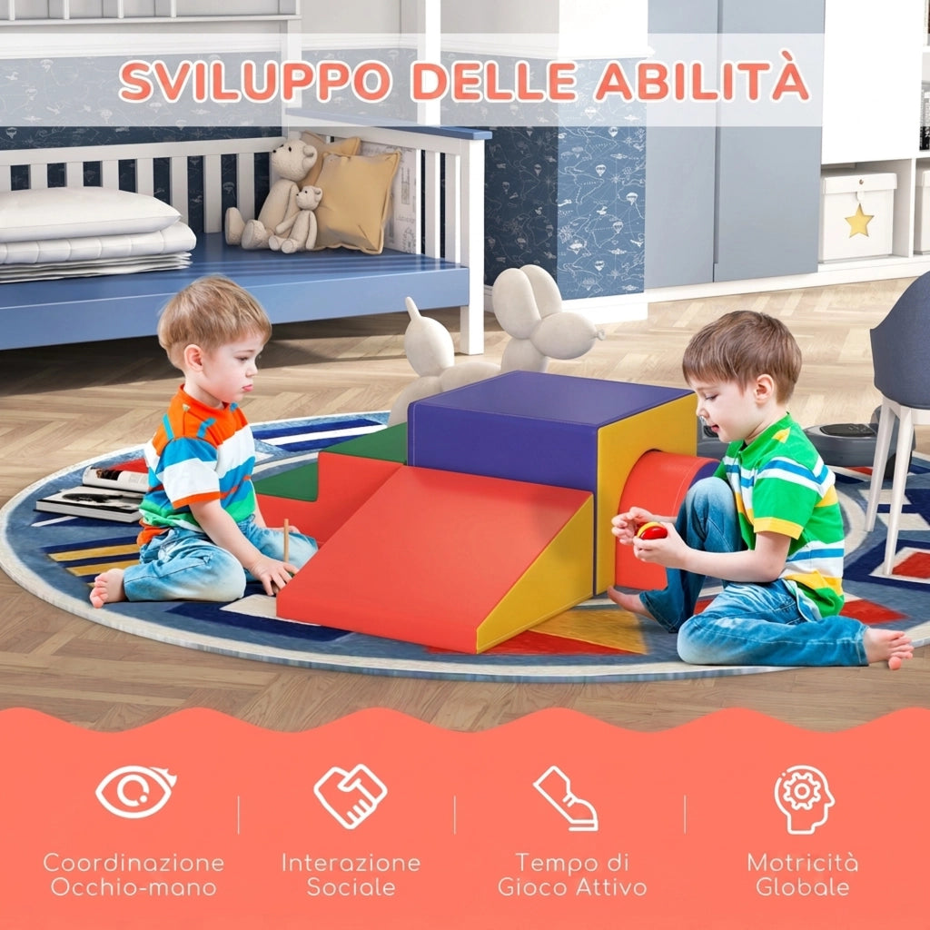 Set 4 Blocchi di Costruzione Morbidi per Bambini Gioco Educativo Modulabile in PU e EPE Multicolore