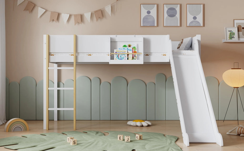 Letto a castello con scivolo - Xylo - Pino+MDF, bianco+naturale