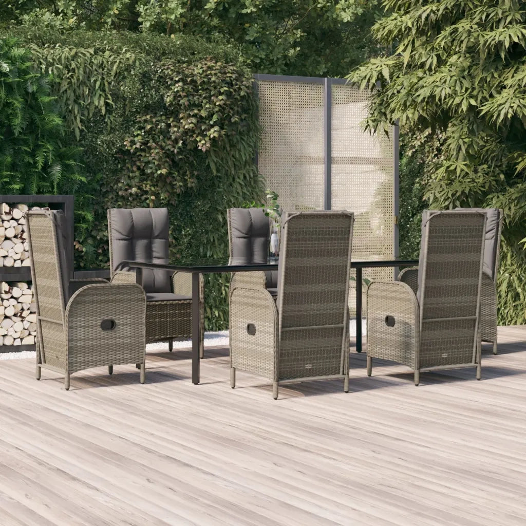 Set da Pranzo Giardino 7pz Nero e Grigio con Cuscini Polyrattan