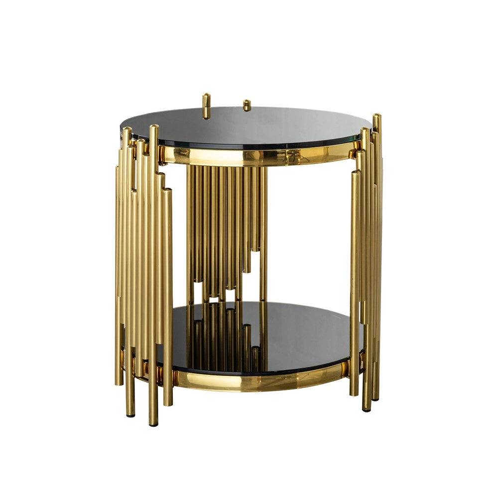 Tavolino Rotondo in Vetro per Soggiorno ¨C MINIMAL ¨C Nero/Oro, Gambe in Acciaio
