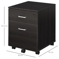 Schedario da Ufficio Cassettiera Per Scrivania in Legno, 2 Cassetti, Serratura con 2 Chiavi, Nero, 40x45x55.6cm