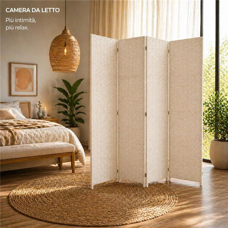 SEPARE' CON QUATTRO PANNELLI IN PLASTICA BEIGE CON STRUTTURA IN LEGNO MISURE: 180X180 CM