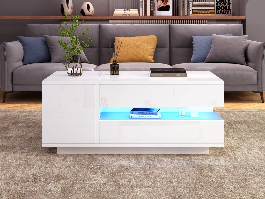 TAVOLINO ALZABILE 90 x 50 x 34,5 cm Bianco Lucido con LED e 1 cassetto