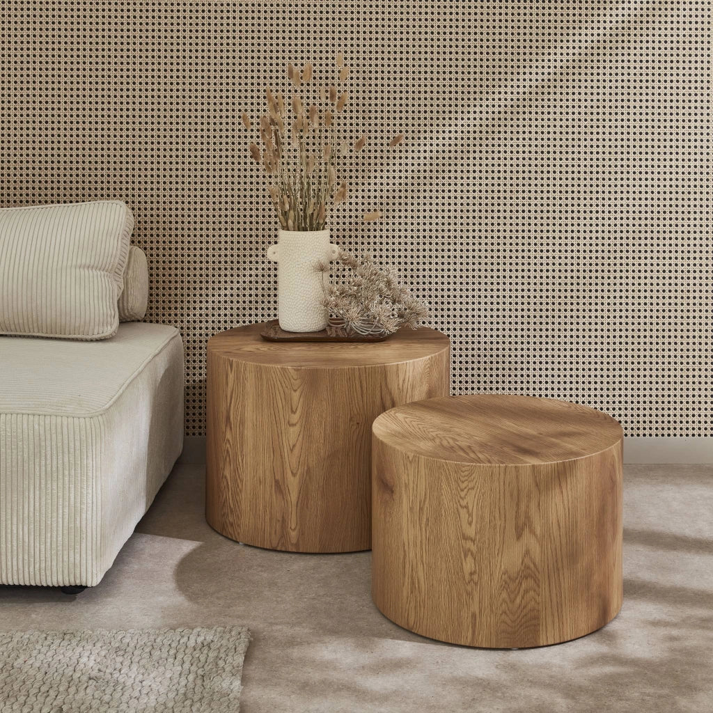 Set di 2 tavolini rotondi impilabili effetto quercia, marrone naturale