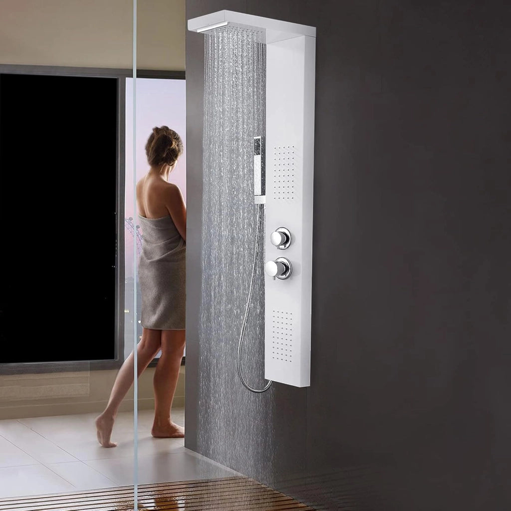 Colonna Doccia Pannello Doccia Multifunzione 4 in 1 in Acciaio Inox 304 con Doccia a Pioggia Doccetta Doccia Idromassaggio Doccia a Cascata, Bianco