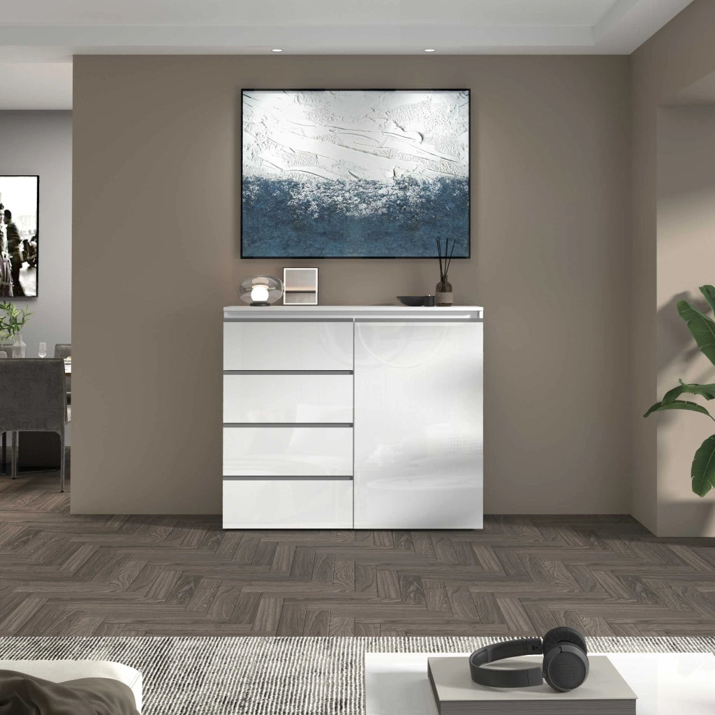 WHOUS Credenza a cassettiera Magic 1 anta e 3 cassetti bianco lucido 120x40x105 cm