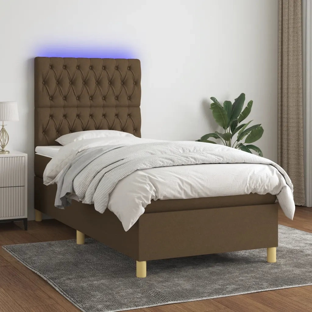 Letto a Molle Materasso e LED Marrone Scuro 100x200 cm Tessuto 3135656