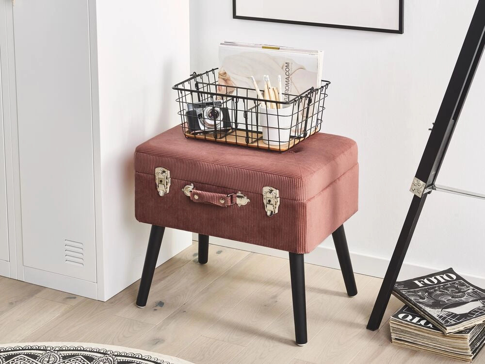Comodino Sgabello Contenitore rosa imbottito in velluto a coste con gambe nere a forma di valigia con bottoni