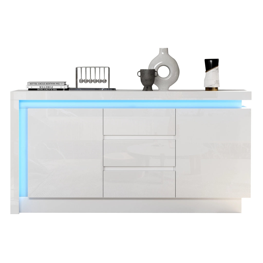 Credenza bianca lucida 140x35x72 cm con LED e 3 cassetti