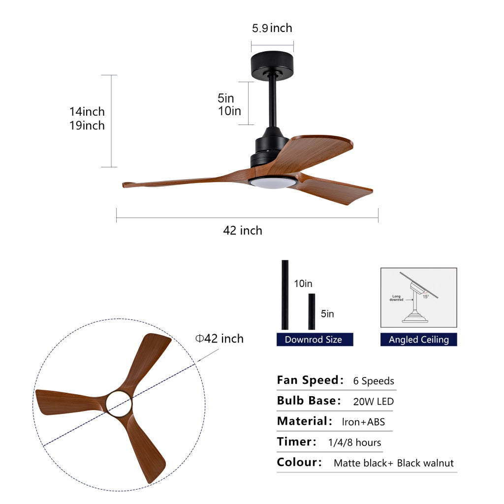 Ventilatore da soffitto 42 pollici con luce e telecomando, dimmerabile, design moderno color noce, motore DC silenzioso, per terrazze e uffici