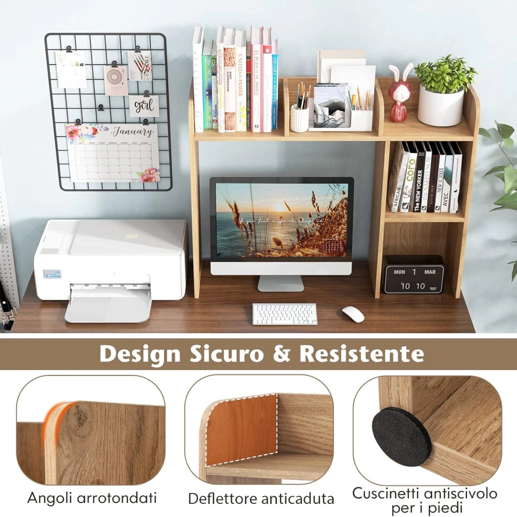 Scaffale da Scrivania in Legno, Libreria da Tavolo Salvaspazio con 4 Ripiani e Scomparto Aperto, Scaffale Espositivo per Computer, Casa Ufficio, 94x25x74 cm (Naturale)