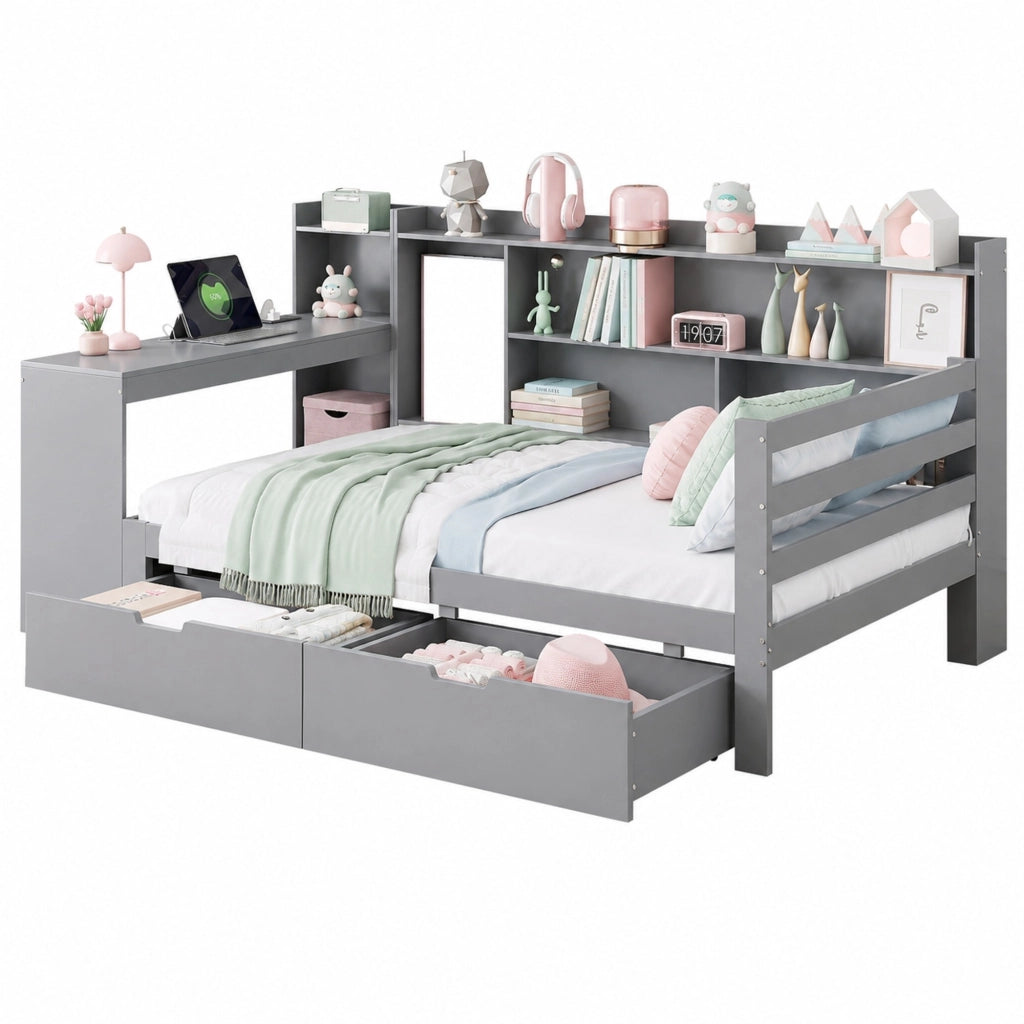 DESMIU Letto singolo 90 × 200 cm con scrivania, ripiani, libreria, cassetti e USB, senza materasso, grigio