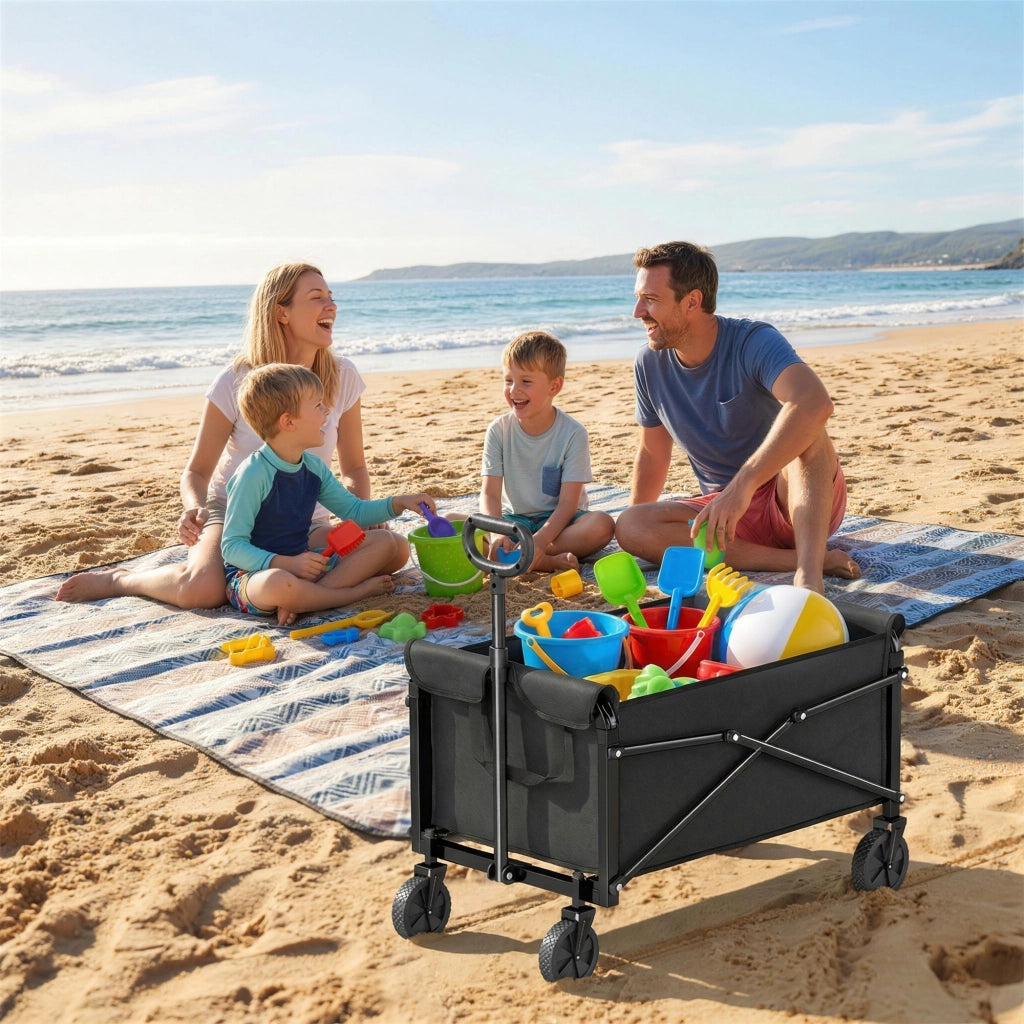 Carrello da Giardino 80L Pieghevole con Maniglia Regolabile, in Metallo e Tessuto Oxford, 78x47.5x92 cm, Nero