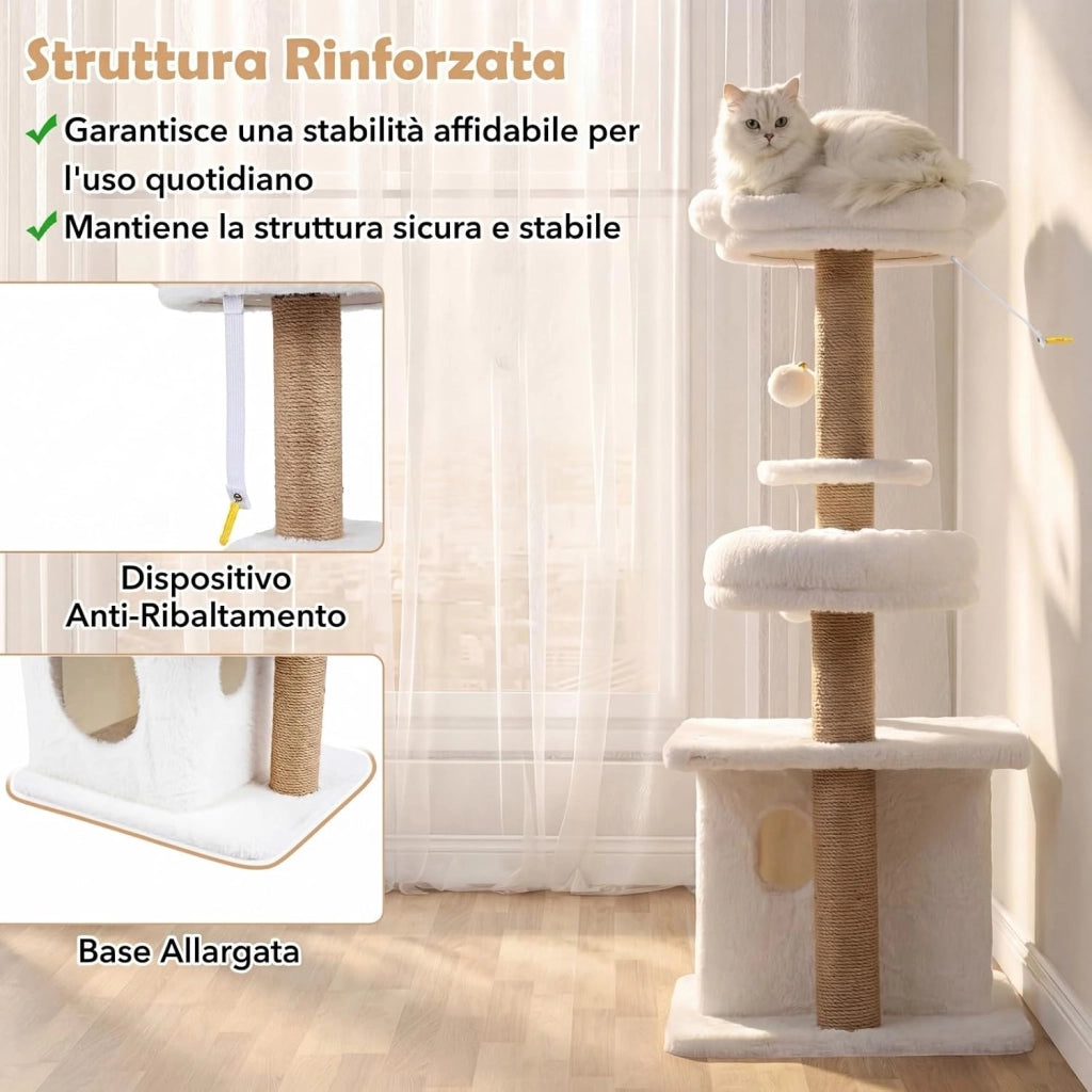 Albero per Gatti, Alberi Tiragraffi Alta 96 cm con Poggiolo Imbottito a Forma di Fiore, Condo Accogliente & Letto per Gatti, 2 Palline con Campanelli Appese & Posti per Graffiare (Bianco)