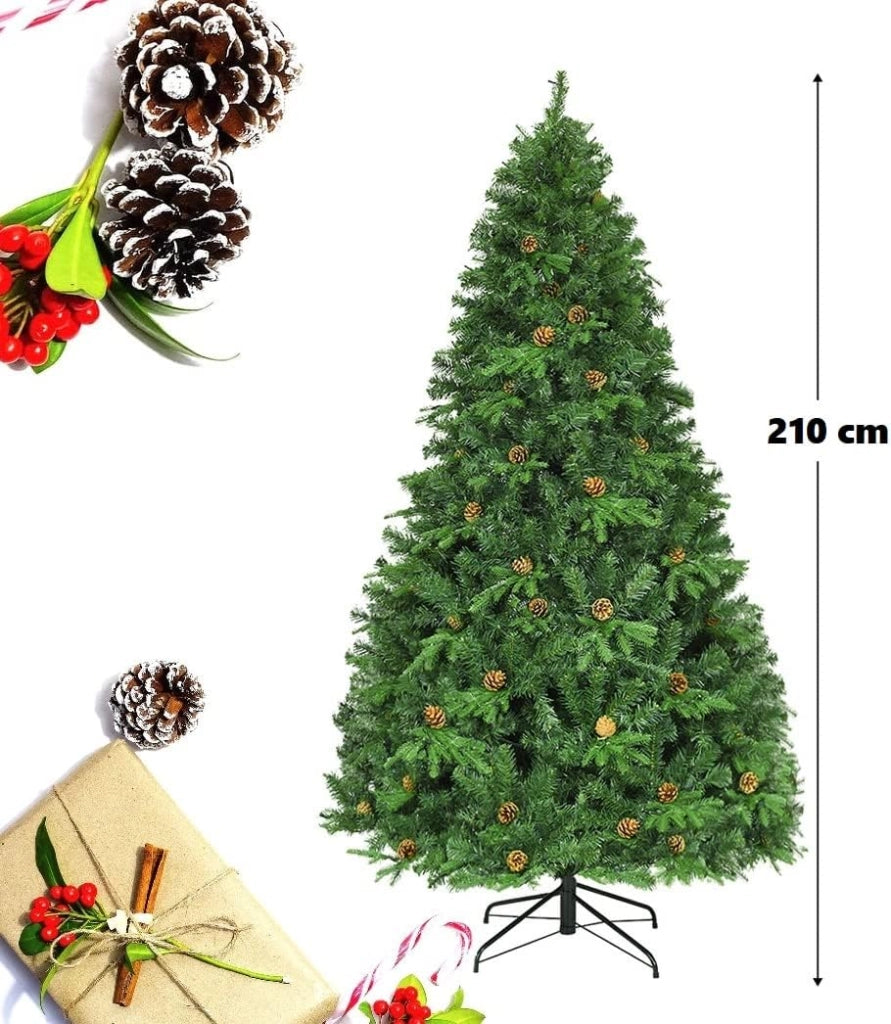 Albero di Natale artificiale, albero di Natale con LED bianco caldo, albero di Natale con supporto in ferro e adattatore, rami densi, albero di Natale con pigne, abete sintetico verde