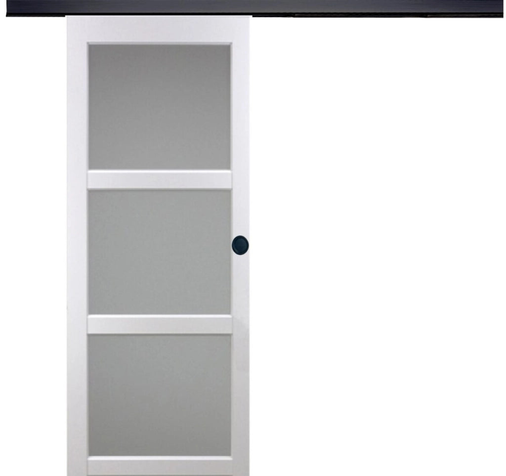 Porta scorrevole in vetro Kenya bianco H204 x L83 + binario in alluminio nero e 2 gusci neri
