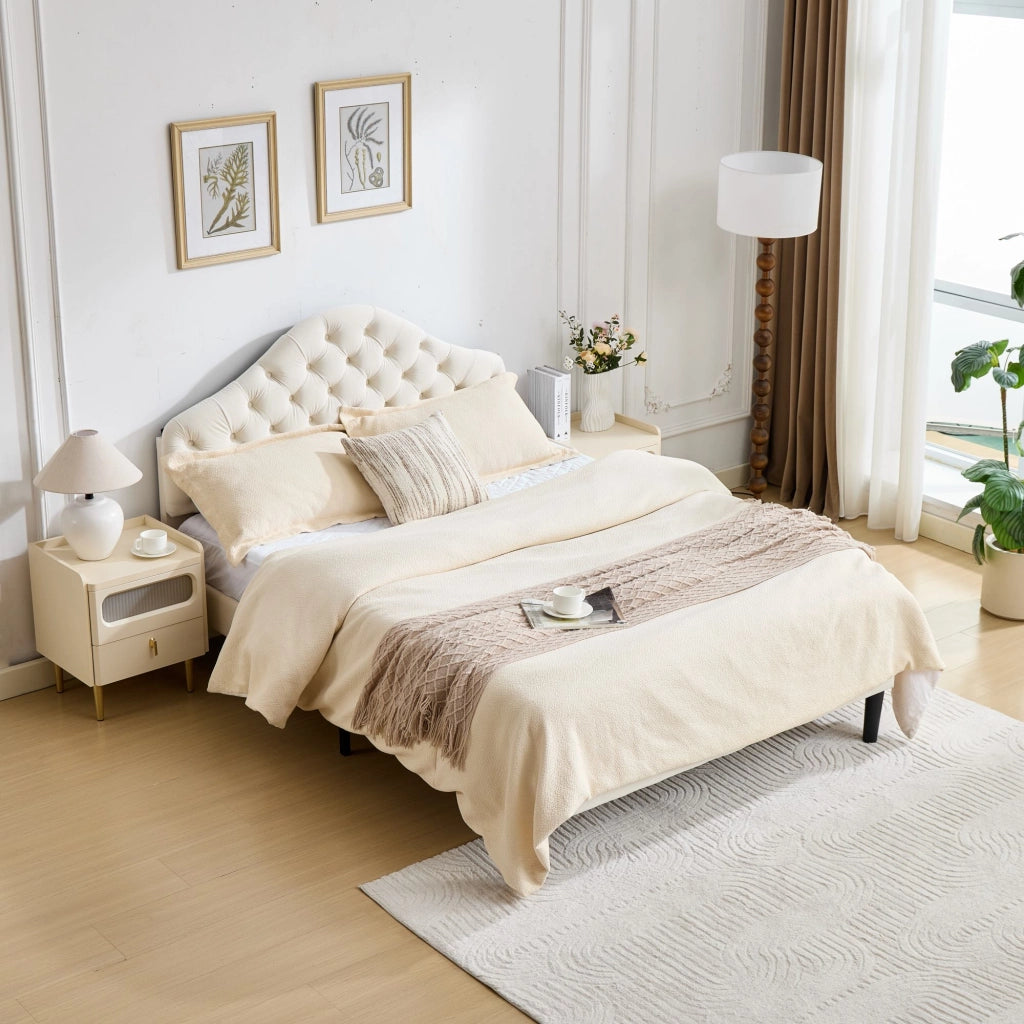 Letto imbottito in velluto beige dimensioni 140x200 cm