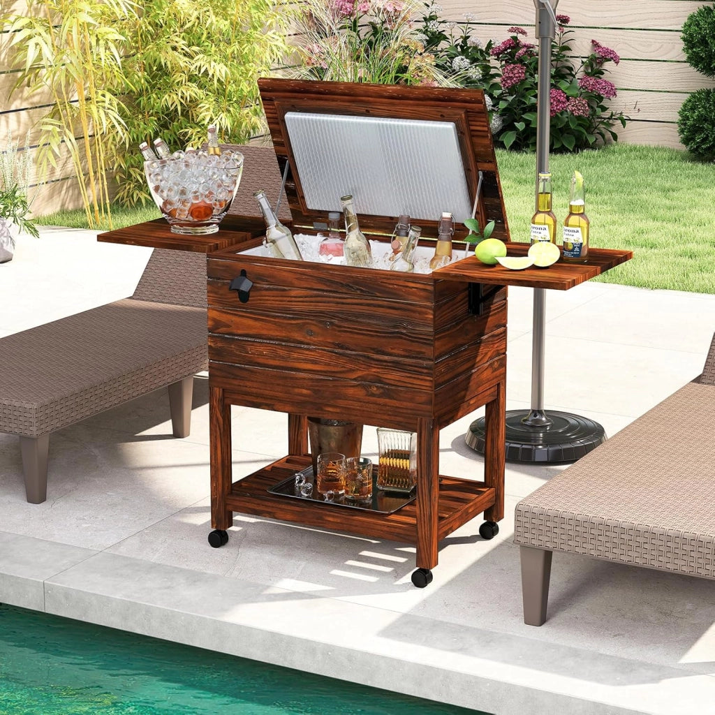 Frigorifero mobile per giardino, terrazza, piscina, 51 l, bar, 128 x 42,5 x 74 cm, 2-4 ore, 4 ruote universali, 2 ripiani laterali pieghevoli