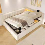 Letto contenitore 140x200 cm con sollevamento idraulico; LED dimmerabile; testiera con ripiano e USB; beige