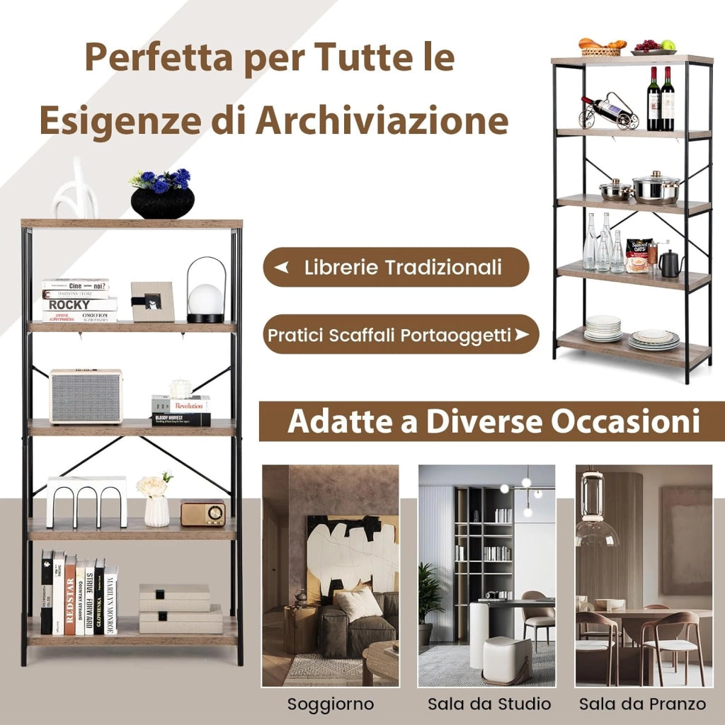 Libreria a 5 Piani, Scaffale Industriale in Legno con Struttura in Metallo, Aste di Sostegno a X Dispositivo Antiribaltamento, per Soggiorno Ufficio, 79x35x160 cm (Grigio)