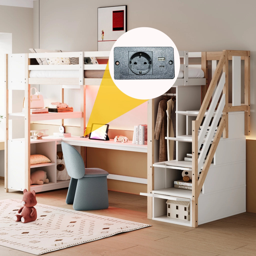 OKWISH Letto a soppalco 90×200 cm, Letto Singolo con Armadio, Scrivania Grande, Presa, LED Regolabile e Scala con 4 Vani, senza Materasso