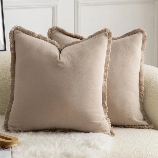 Set di 2 cuscini di cotone neutri con piumini 45 x 45 cm cuscini decorativi per divano cuscini di stile boho cuscini di copertura per divano cuscini per camera da letto soggiorno arredamento di casa in tono di taupe