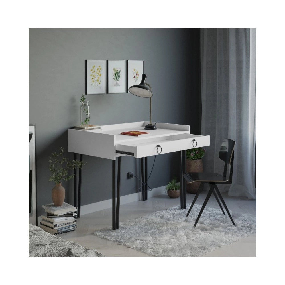 Scrivania bianca con gambe in metallo nero e cassetto Sponge 100x62x81,5