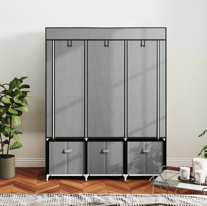 Armadio in tessuto grigio chiaro 125 x 43 x 162,5 cm con 2 barre e 3 cassetti