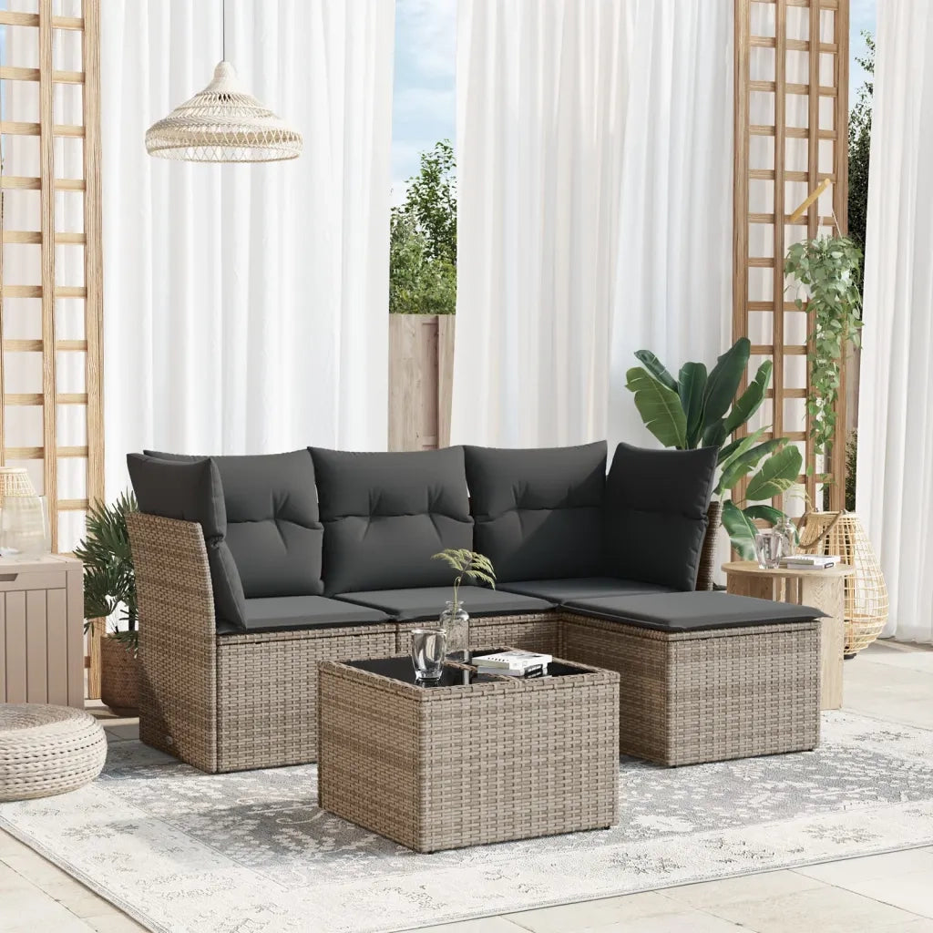 Set Divano da Giardino 5 pz | Set Salotto da Giardino con Cuscini Grigio in Polyrattan