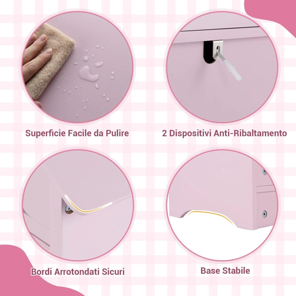 Armadio con Specchio per Bambini, Guardaroba Coperto con Appendiabiti Aperto, Scaffali e Ganci, Armadio e Organizzatore di Costumi per Camera da Letto e Stanza dei Giochi (Rosa)