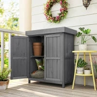 Armadio da Giardino a 2 Ripiani in Legno di Abete con Tetto Apribile, 74x43x88 cm, Grigio Scuro
