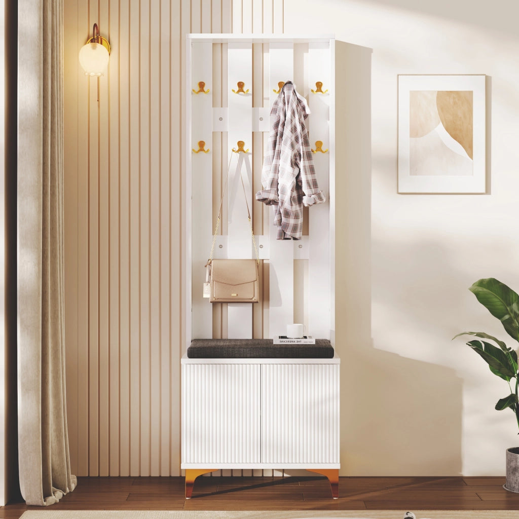 Mobile Ingresso con Panca Scarpiera 2 Ante; Push-to-Open; Ripiani Regolabili; Bianco; in Pannello truciolare; 60;5×35;2×180;5 cm