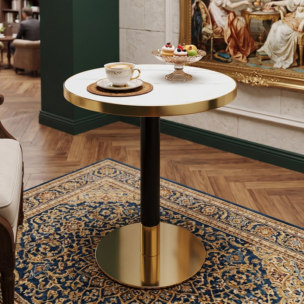 Tavolo da pranzo rotondo effetto marmo bordo oro base nera/oro versatile per soggiorno