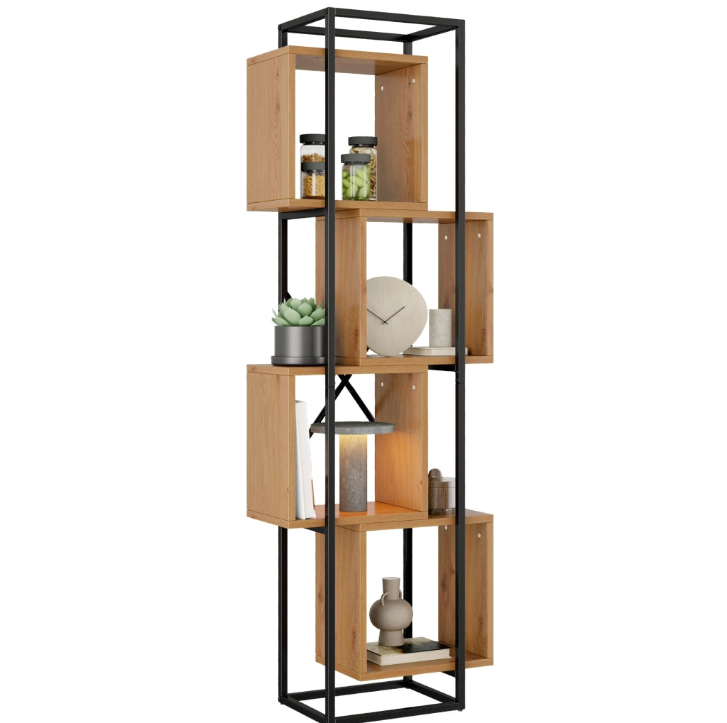 Scaffale verticale a 4 vani in MDF e ferro; nero e marrone; 59×30×180 cm