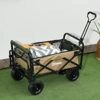 Carrello da Giardino 110L con Maniglia Telescopica e Fondo Apribile in Acciaio e Tessuto Oxford, Cachi