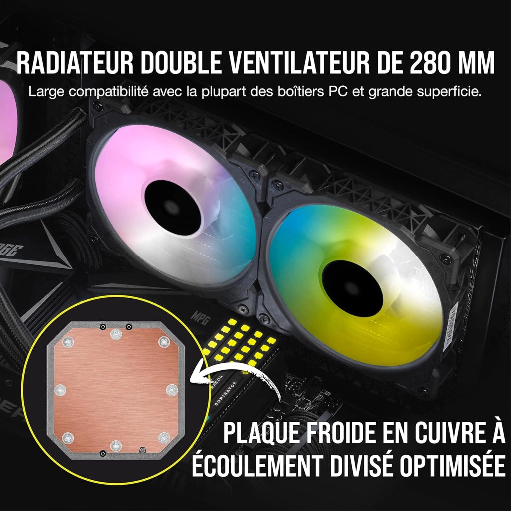 Dissipatore a Liquido 33 LED RGB CAPELLIX Ultra-Luminosi, Due Ventole PWM ML RGB da 140 mm, 400 a 2.000 RPM, Modalità Zero RPM, iCUE Commander CORE Incluso, Nero, Radiatore di 280mm