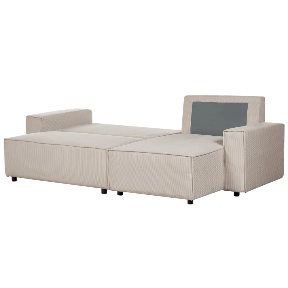 Divano angolare sinistro imbottito in velluto a coste beige con funzione di dormiente e schienale imbottito estraibile
